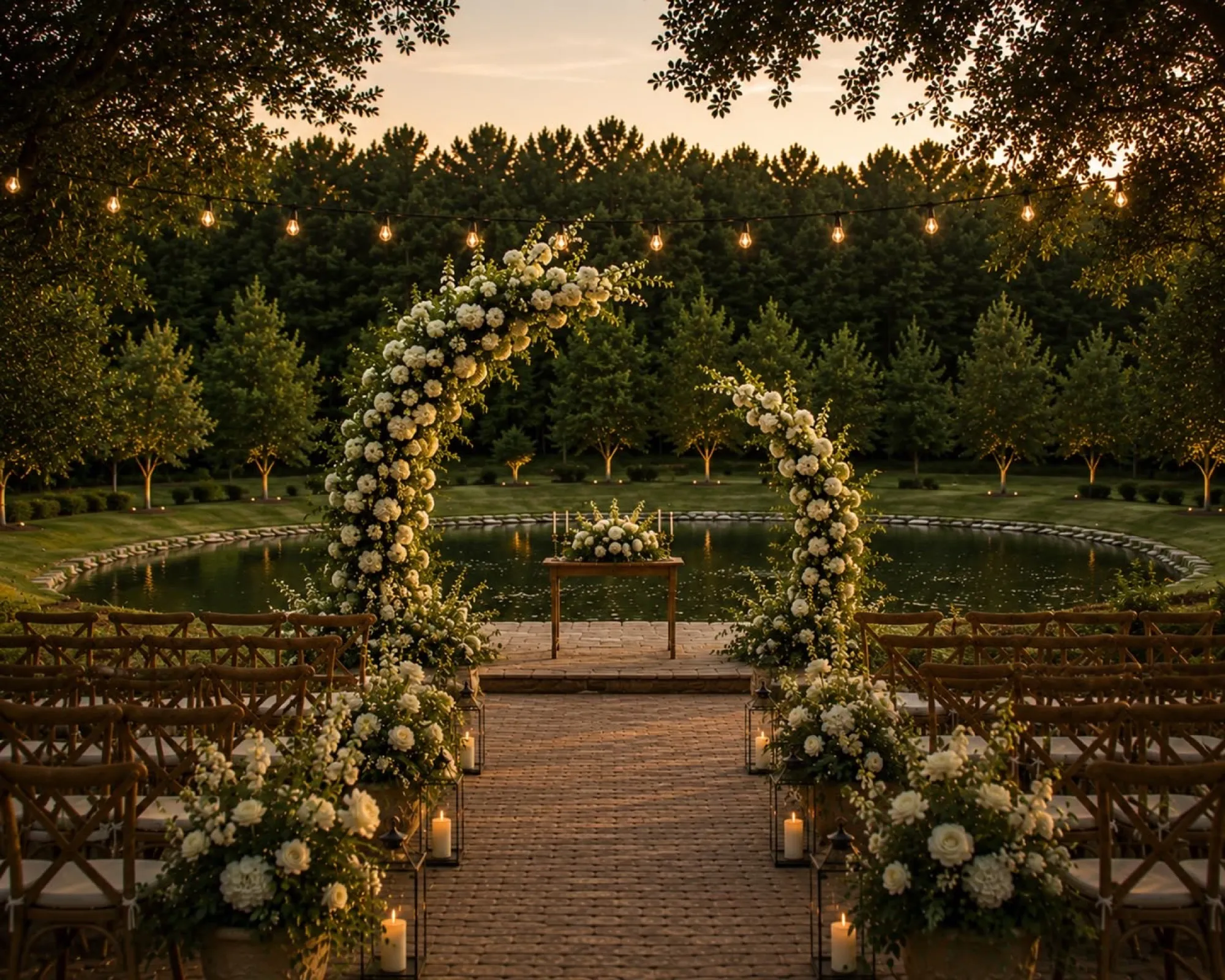 Projeto da nova cerimônia: arco de flores brancas diante de um lago, com varal de luzes