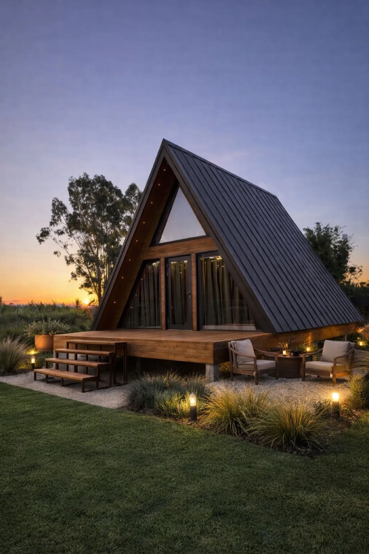 Projeto do chalé: cabana triangular de madeira com deck, ao pôr do sol